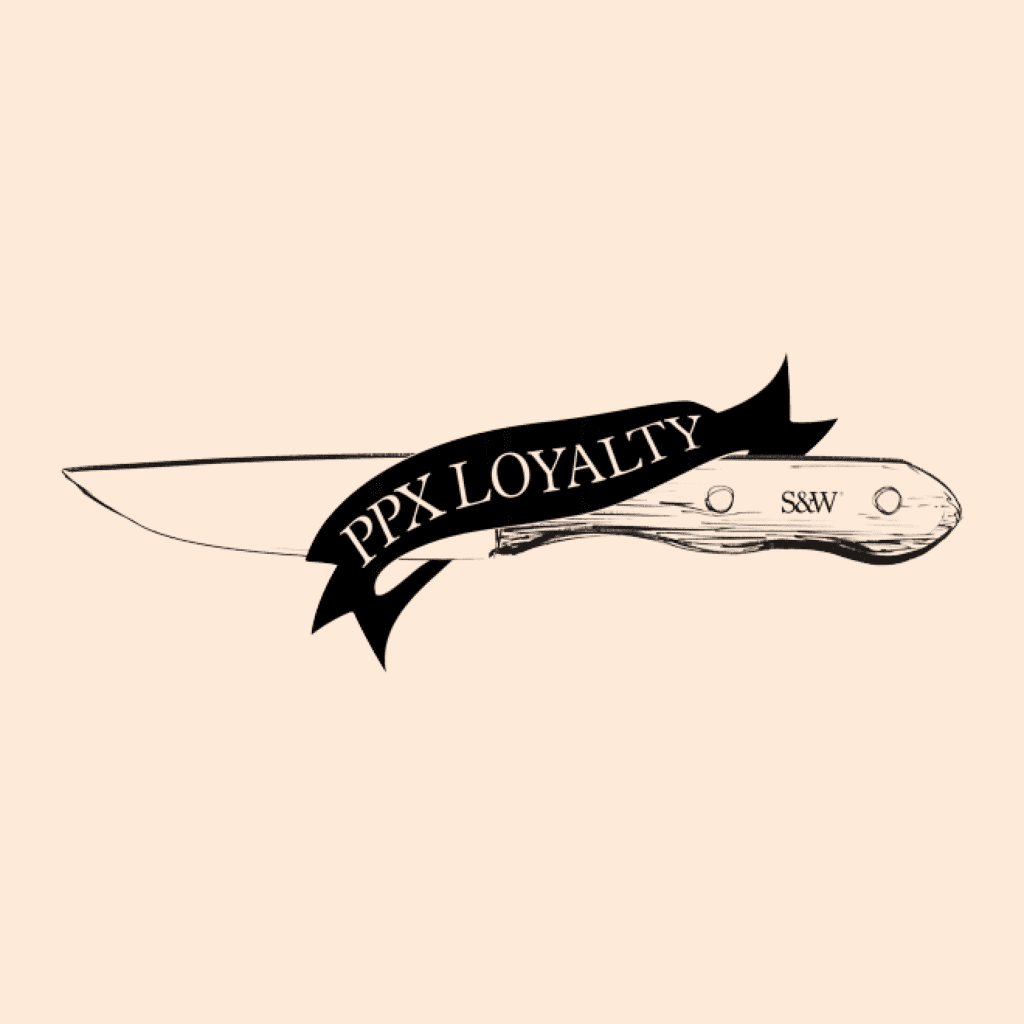 Illustrated logo of the PPX Loyalty scheme. Ribbon with the words PPX Loyalty weaves around a steak knife.