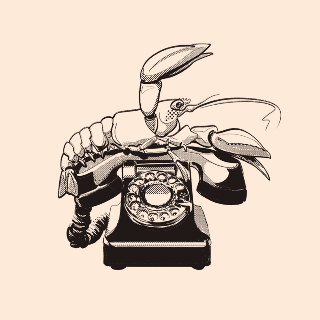 Illustration of lobster sitting on top of and old telephone