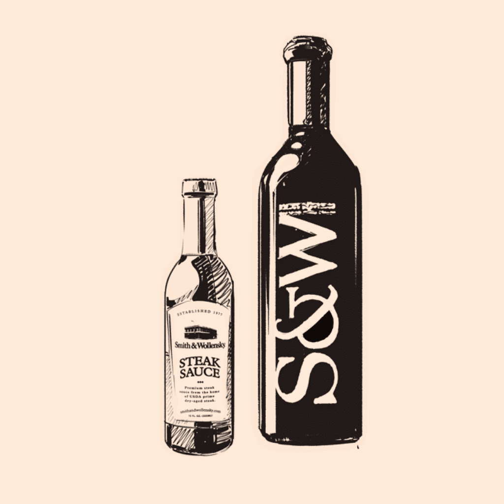 Illustration of S&W steak sauce and wine