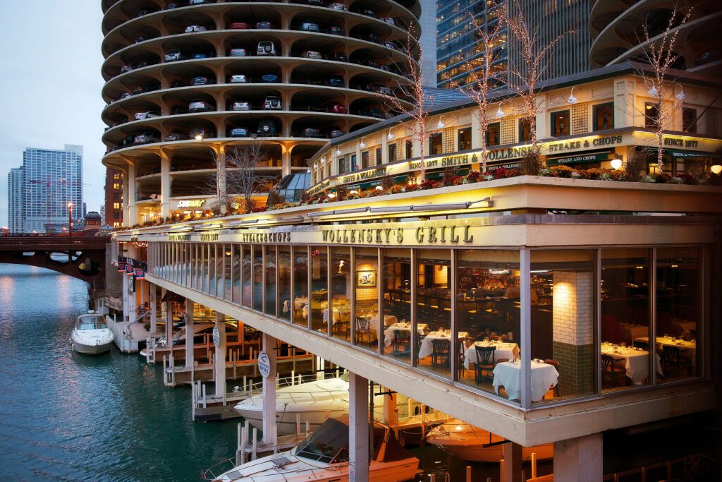 Waterfront exterior shot of a Smith and Wollensky restaurant