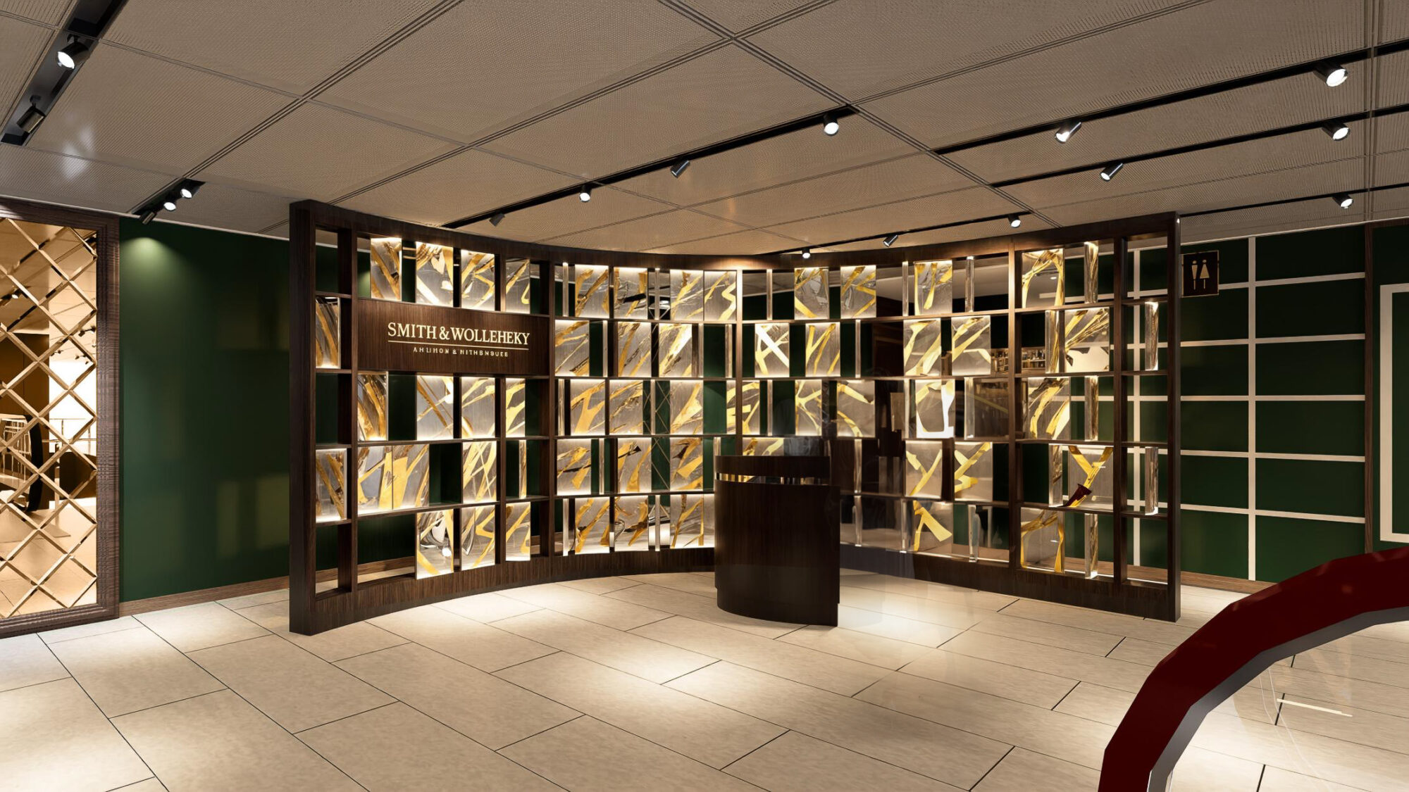 A modern, upscale office lobby with a dark wood and glass display wall, featuring the sign 