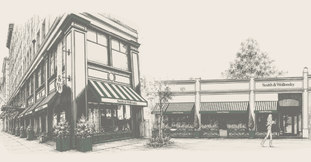 A grayscale sketch of two Smith & Wollensky restaurant buildings with striped awnings; one is a corner building on a city street, and the other is a single-story structure with a pedestrian walking by.