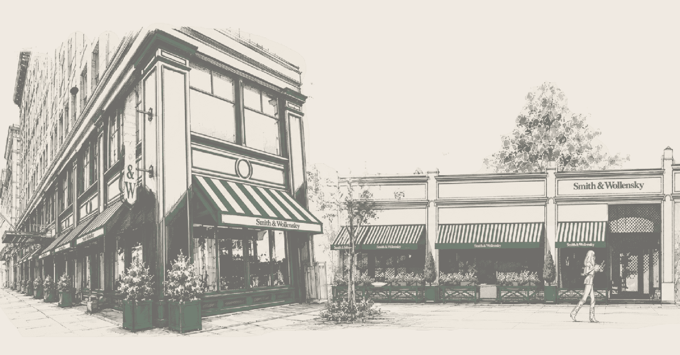 A grayscale sketch of two Smith & Wollensky restaurant buildings with striped awnings; one is a corner building on a city street, and the other is a single-story structure with a pedestrian walking by.