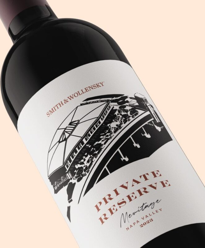 Close-up of a wine bottle labeled 