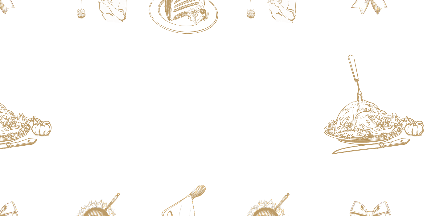 A black background with gold line drawings of holiday foods, including cake, turkey, and kitchen utensils, arranged decoratively along the top, bottom, and corners, creating an empty space in the center.