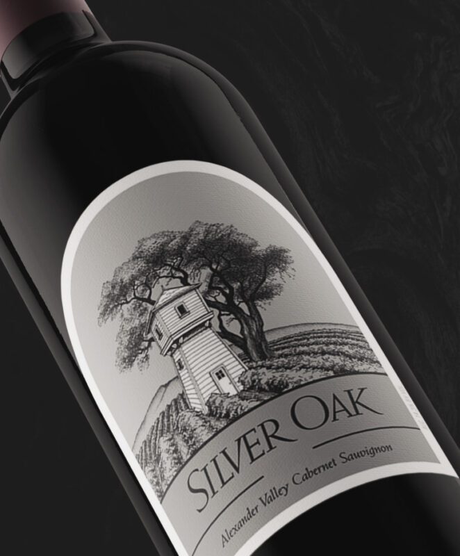 Close-up of a Silver Oak wine bottle labeled 