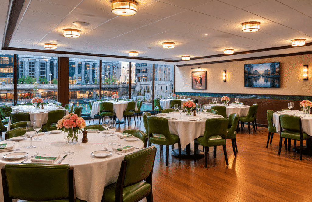 An elegant restaurant dining room with round tables covered in white cloths, green chairs, floral centerpieces, and large windows revealing a cityscape. Warm lighting and framed art adorn the walls.