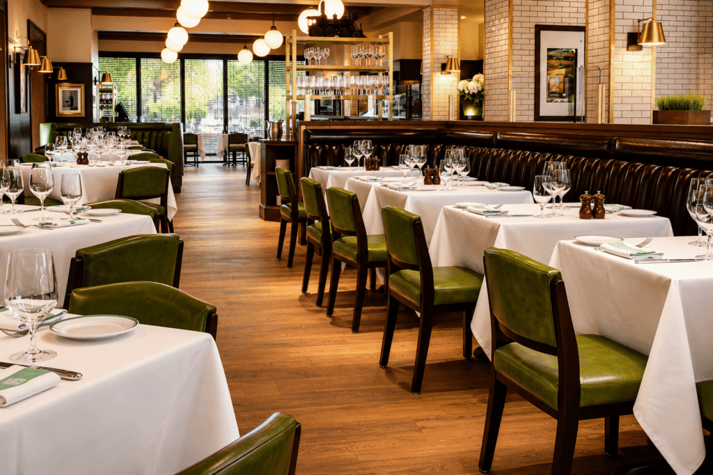 A stylish restaurant with green chairs, white tablecloths, neatly set tables, and large windows letting in natural light. Warm lighting and wooden floors create an inviting atmosphere.