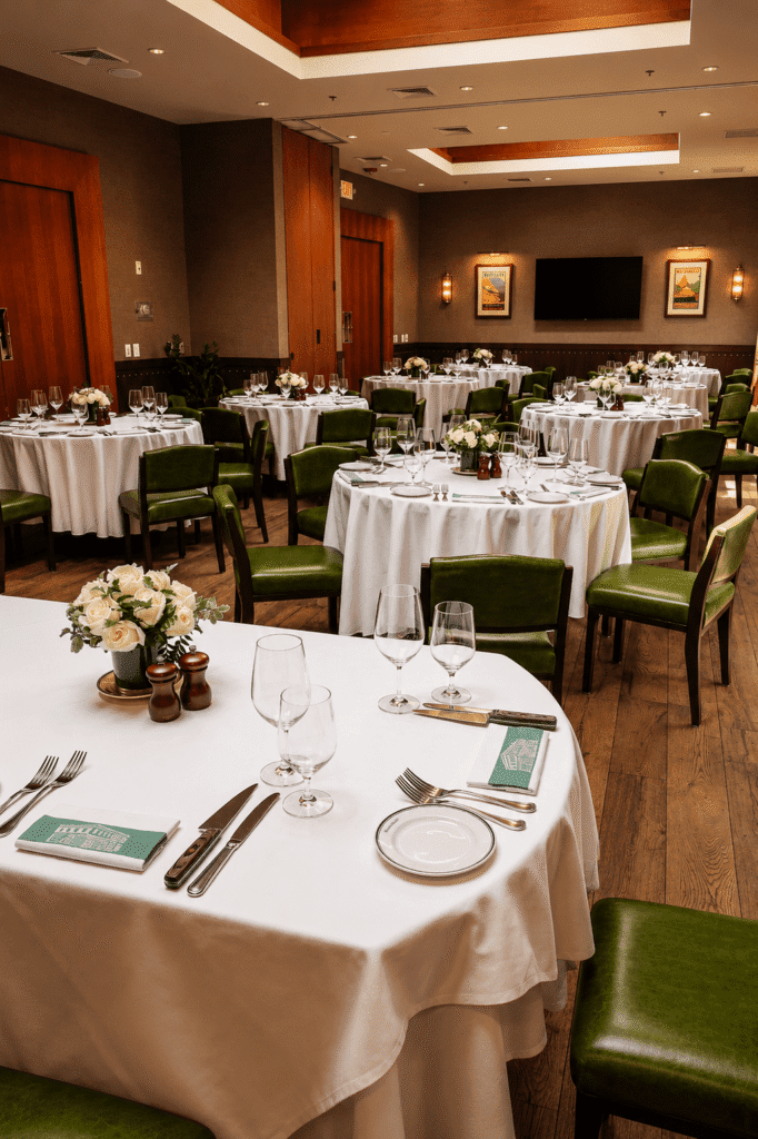 Elegant dining room set for an event with round tables covered in white tablecloths, green chairs, floral centerpieces, neatly arranged tableware, and menus placed at each setting. Warm lighting and framed art decorate the space.