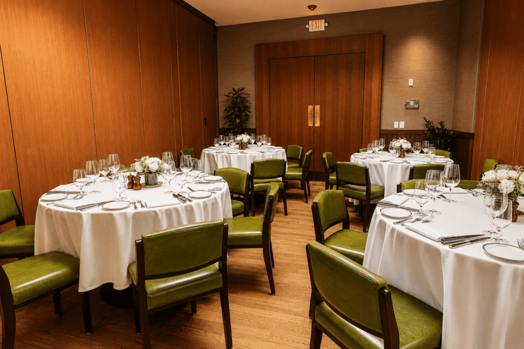 A small banquet room with round tables set for a formal meal. Green chairs surround tables with white tablecloths, glassware, silverware, and white floral centerpieces. Wood-paneled walls and plants decorate the room.