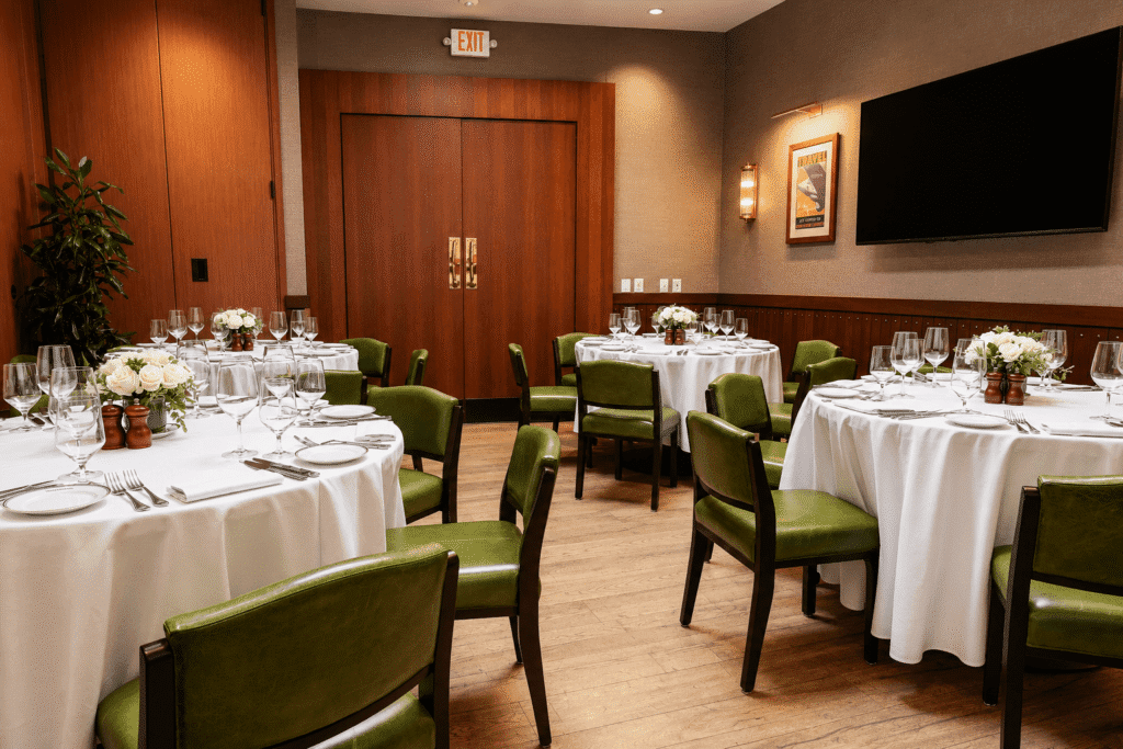 A private dining room with round tables covered in white tablecloths, green chairs, elegant place settings, and floral centerpieces. A large TV is on the wall, and double wooden doors are at the back of the room.