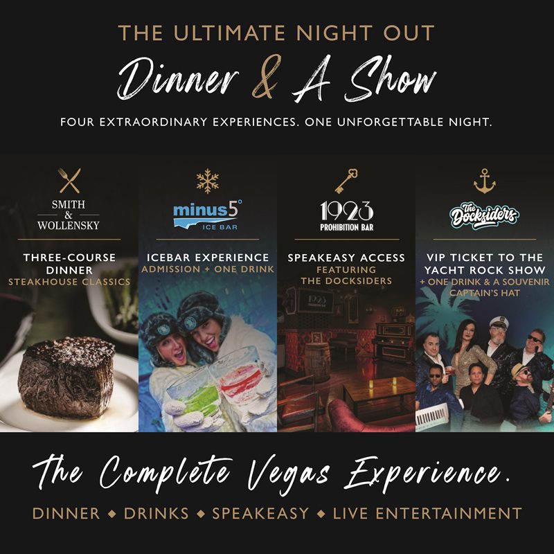 Four Vegas experiences shown: steak dinner, ice bar with drinks, a speakeasy with jazz, and a yacht rock show, all promoted as part of an ultimate night out with dinner, drinks, and live entertainment.
