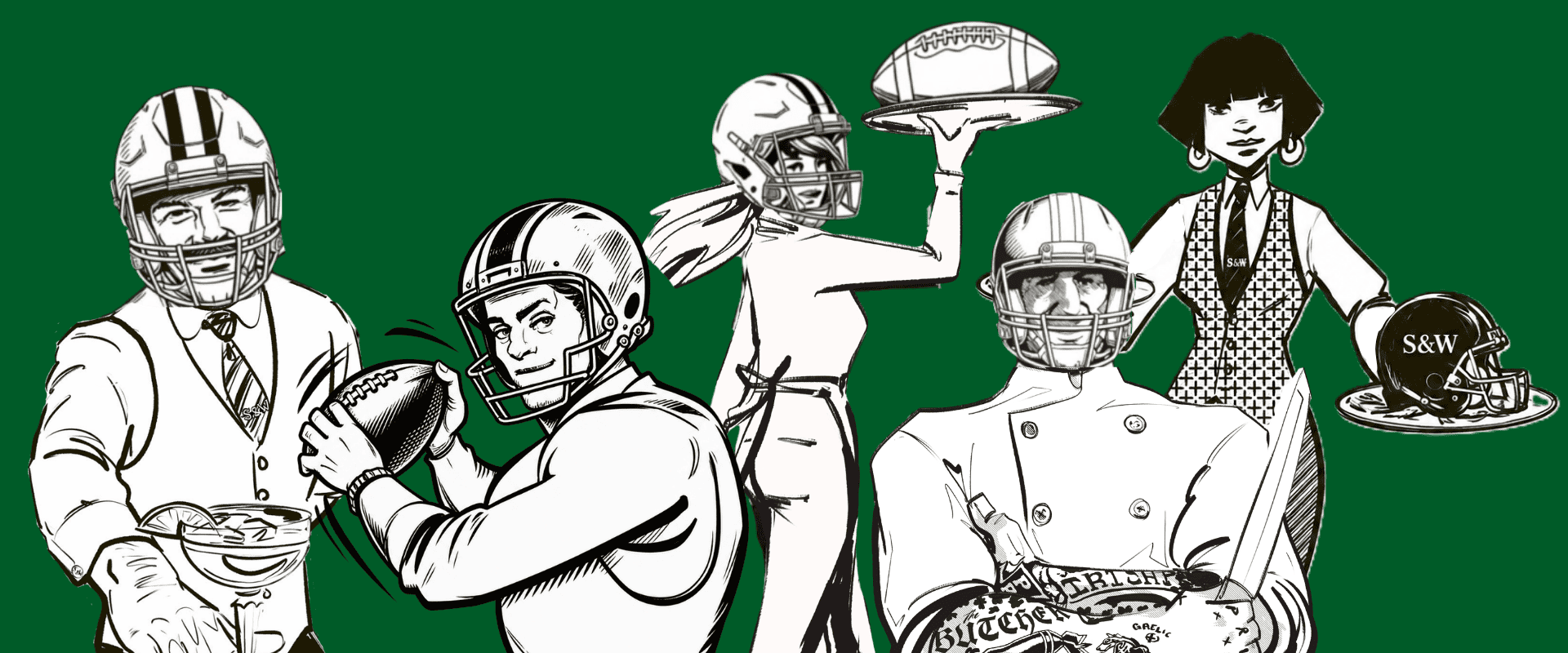 Five people in football uniforms and chef or waiter outfits hold footballs and food trays, blending sports and culinary themes against a green background—perfectly capturing the excitement of the Game Day Menu at Smith & Wollensky Atlantic Wharf. It’s an inviting scene for anyone looking to watch football in Boston while enjoying exceptional cuisine.