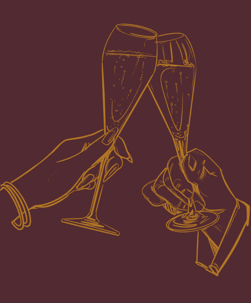 Two illustrated hands clink champagne glasses in a toast. One hand has a bracelet, and the other wears a suit sleeve. The drawing is in gold lines on a deep maroon background.